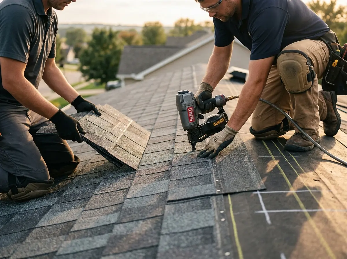 Professional roofer working on a residential roof in Mountain Brook